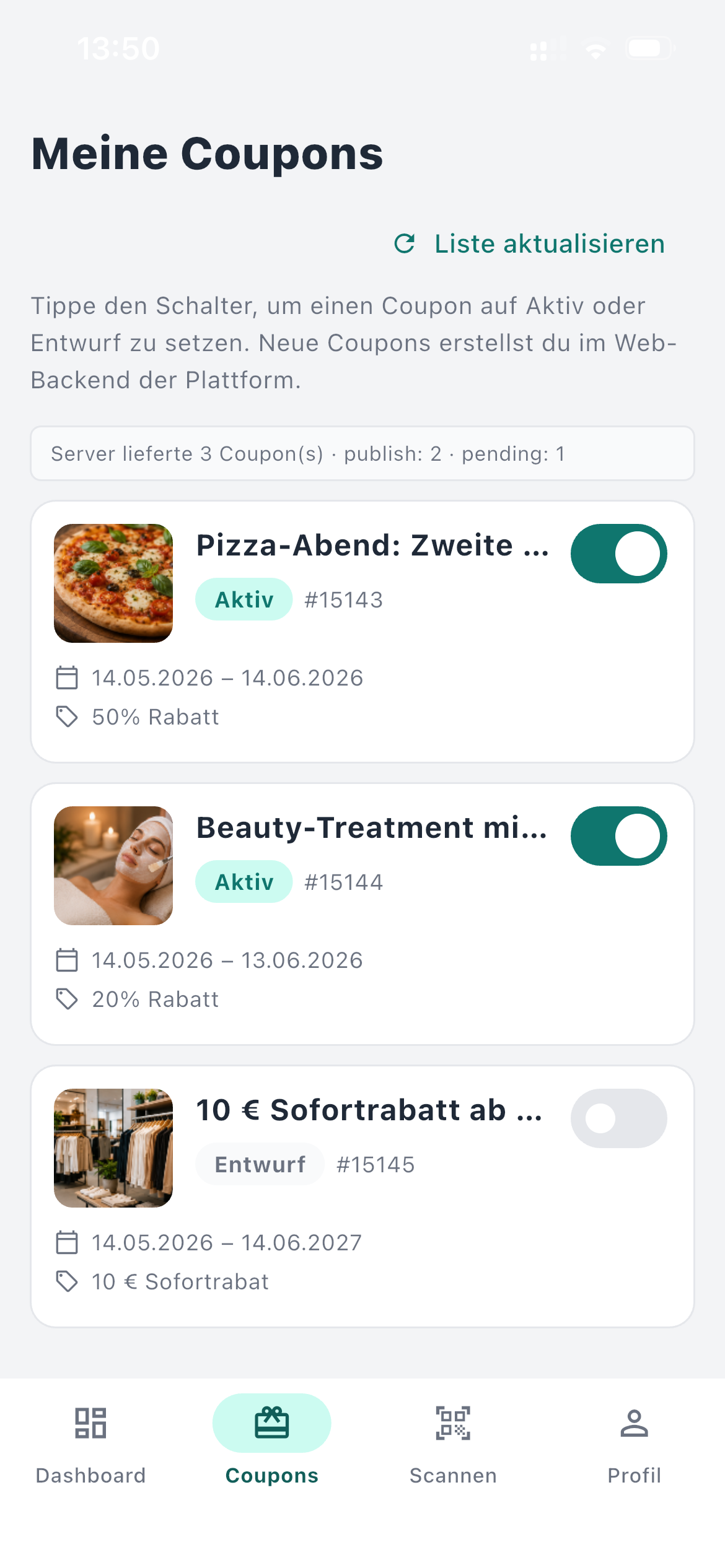 Meine Coupons: aktive und Entwurfs-Coupons mit Live-Status