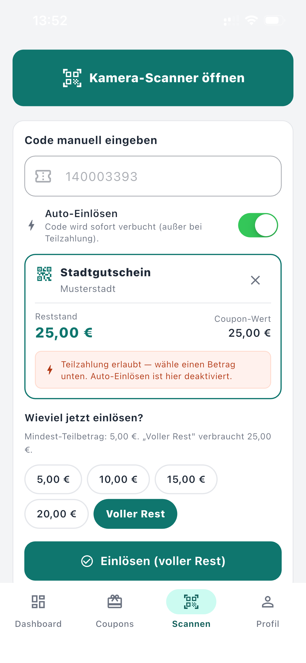 Anbieter-App: Einlösung eines Stadtgutscheins mit Teilzahlungs-Option und Restguthaben
