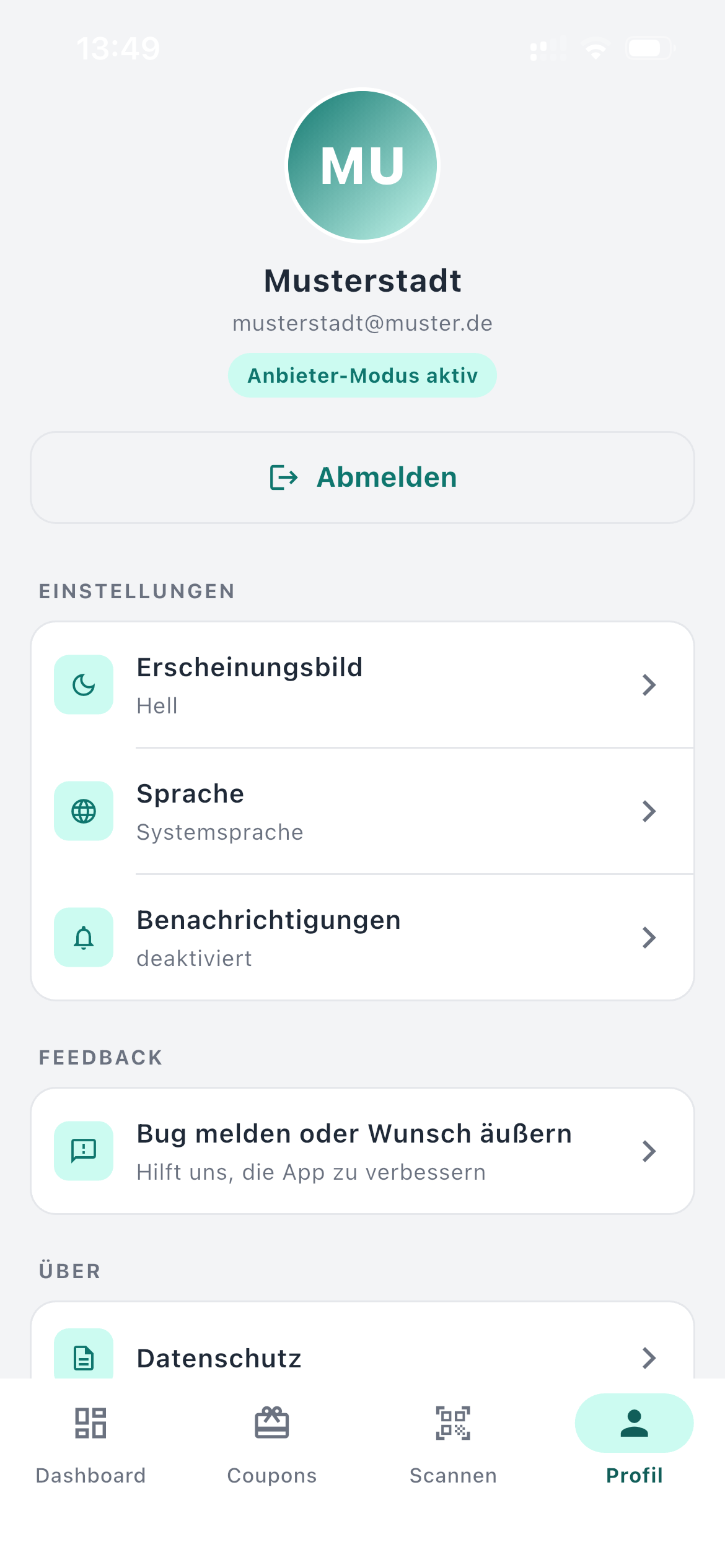 Profil-Bereich des Anbieters mit Einstellungen, Sprache und Benachrichtigungen
