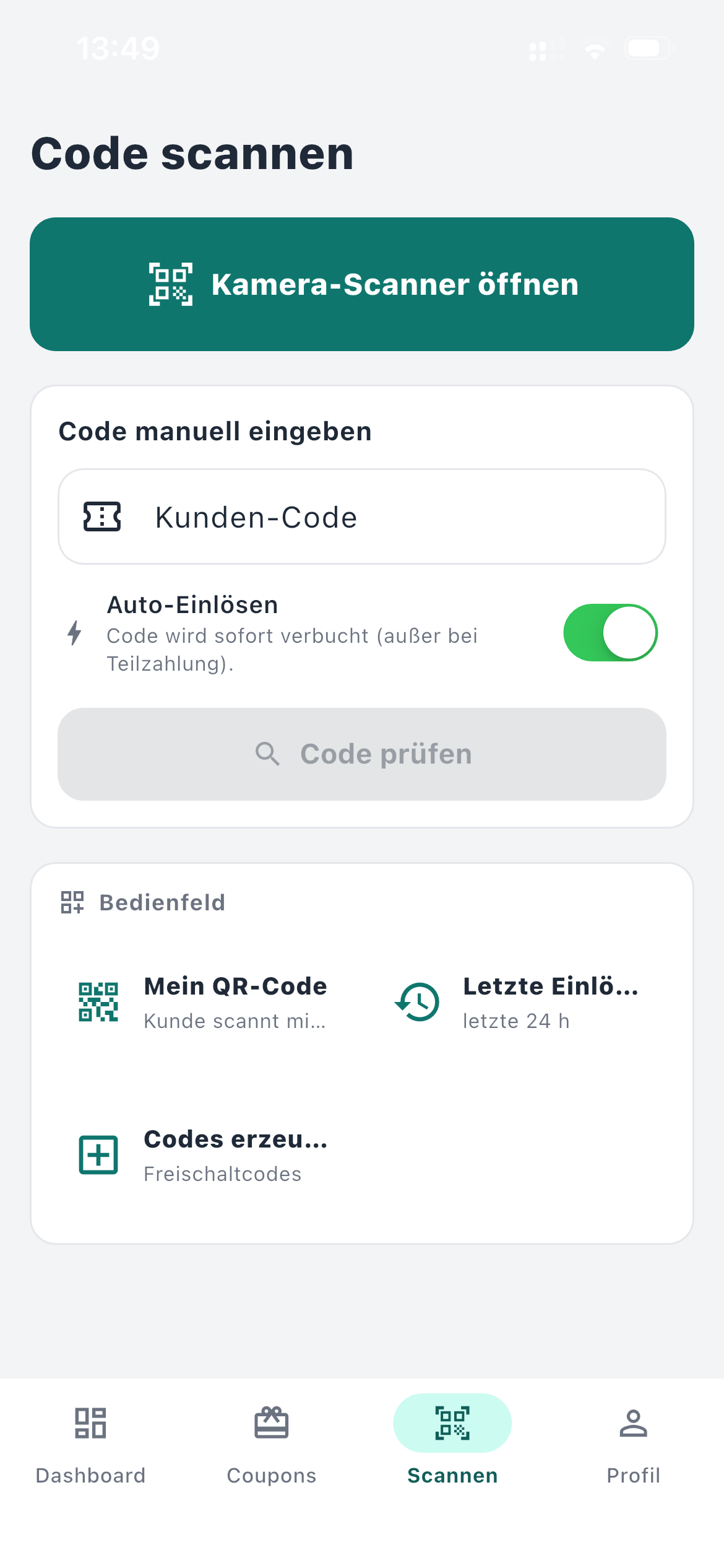 Code-Scanner mit Kamera oder manueller Eingabe, Auto-Einlösen-Toggle