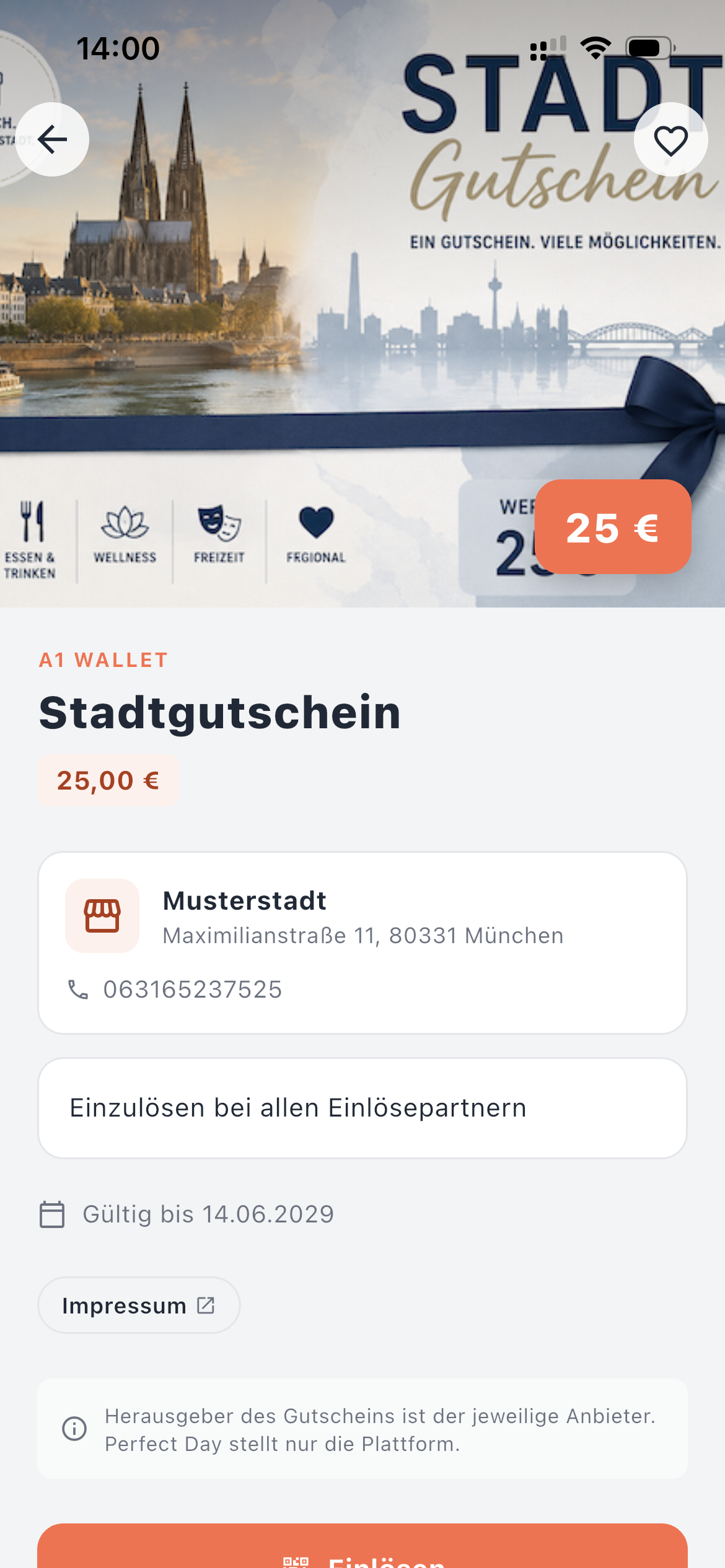 Stadtgutschein-Ansicht in der Perfect-Day-App: 25 €-Stadtgutschein für Musterstadt, einlösbar bei allen Einlösepartnern