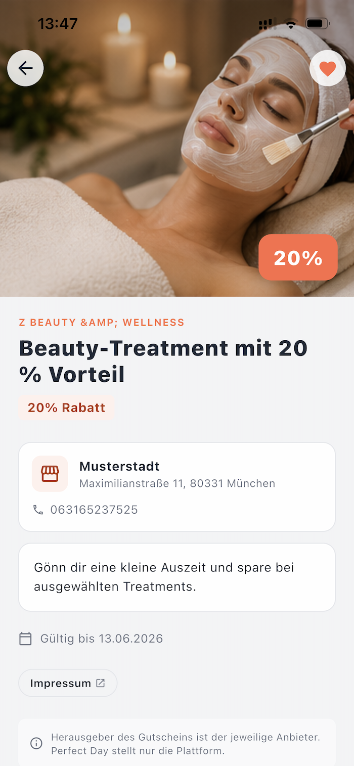 Beispiel-Coupon in der Perfect-Day-App: Beauty-Treatment mit 20 % Vorteil, lokaler Anbieter mit Adresse und Gültigkeit