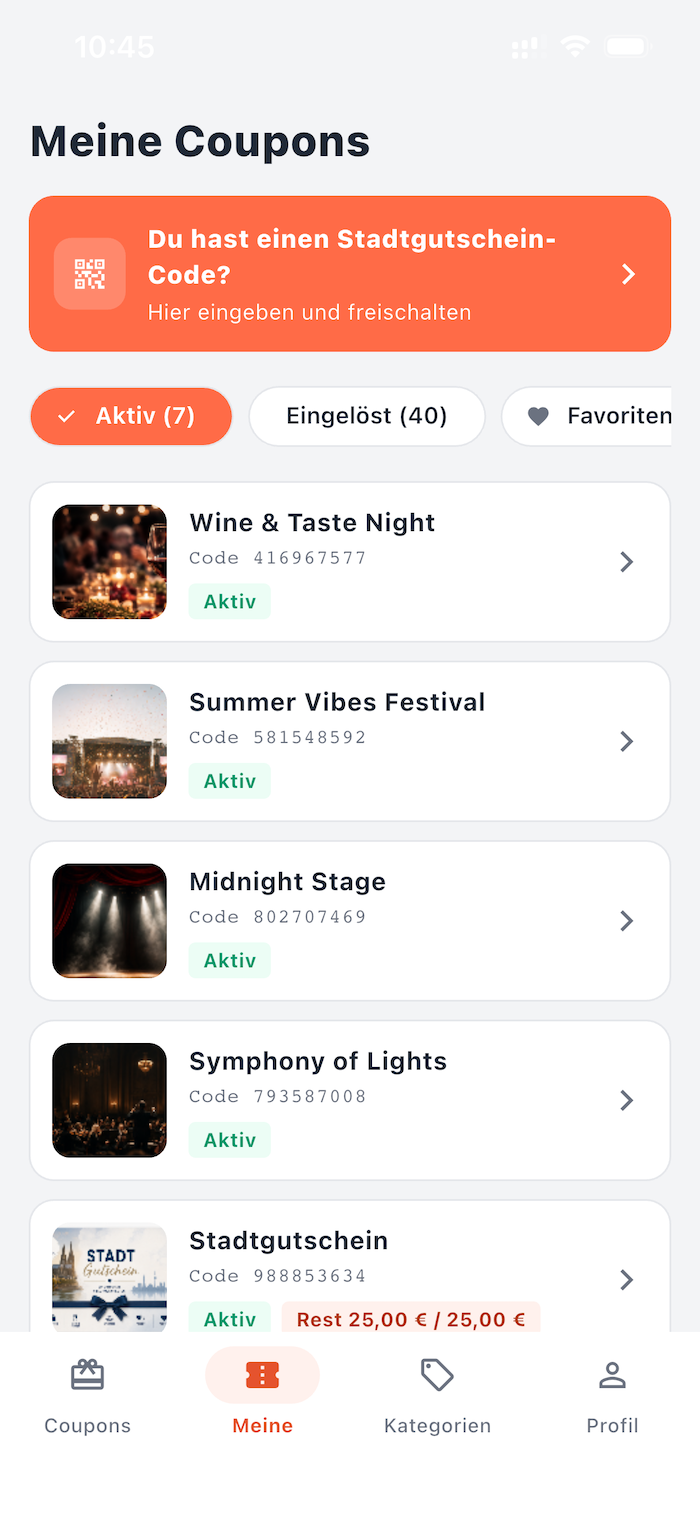App-Ansicht „Meine Coupons": gekaufte Event-Tickets gesammelt — Wine & Taste Night, Summer Vibes Festival, Midnight Stage