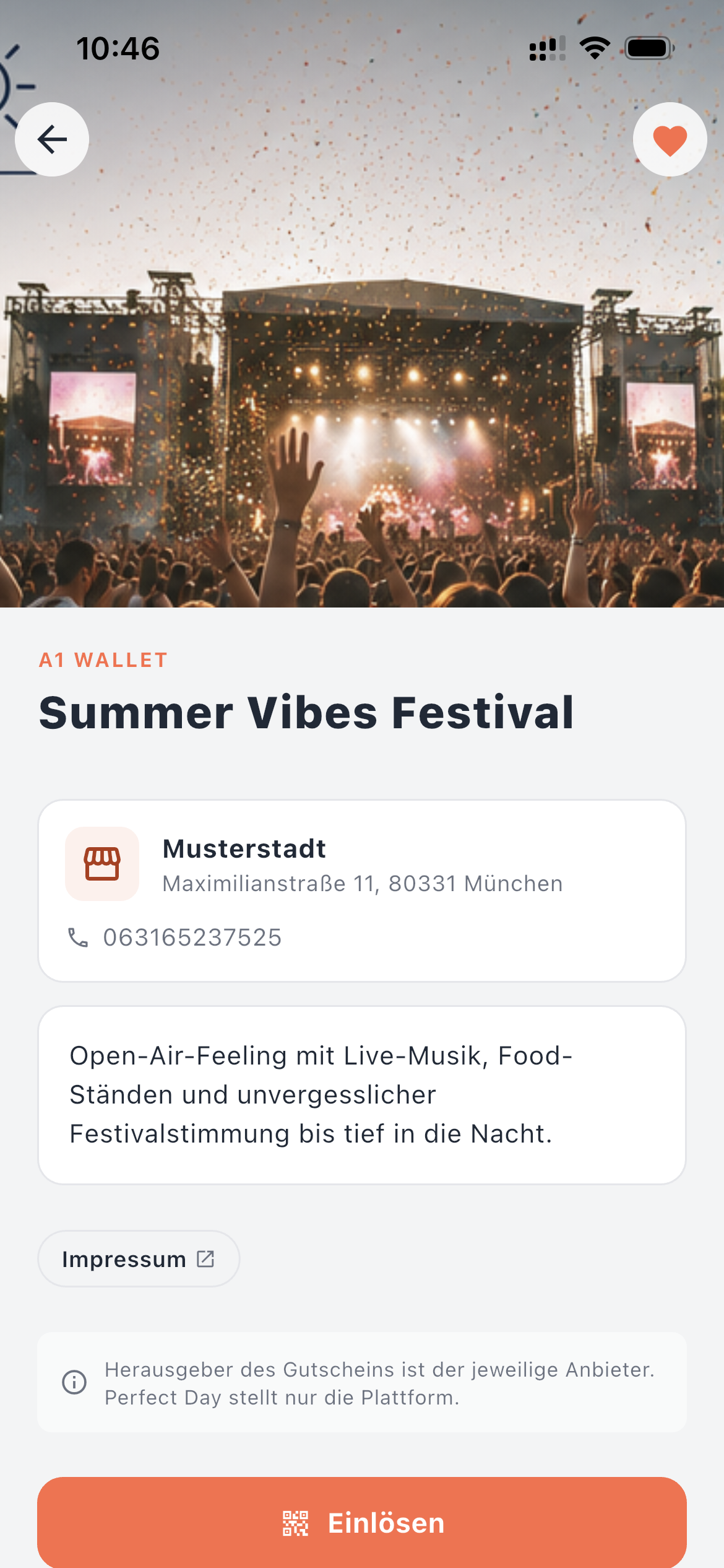 Ticket-Detail in der Perfect-Day-App: Summer Vibes Festival mit Event-Foto, Veranstalter-Infos und Einlösen-Button