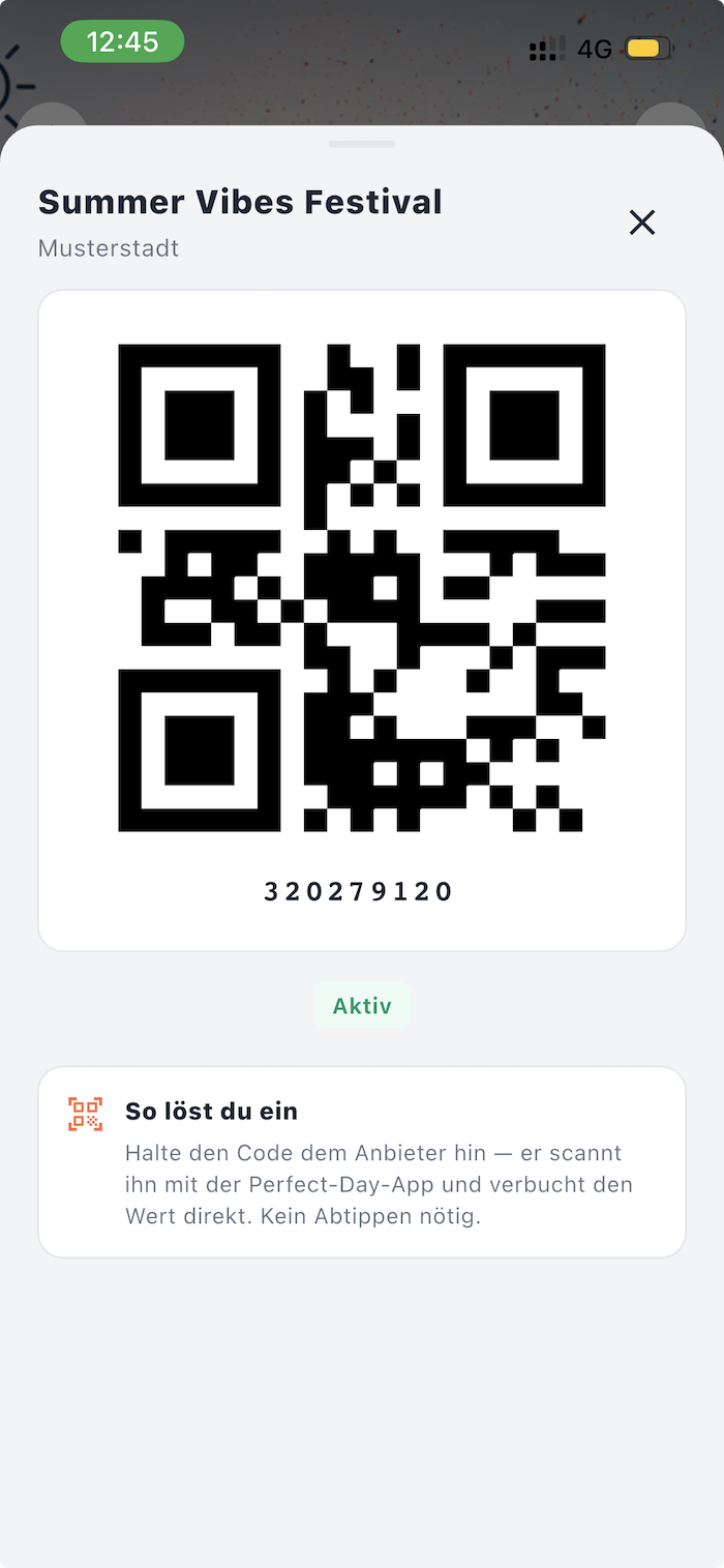 App-Ansicht des Ticket-QR-Codes: Summer Vibes Festival, aktiver Code mit Einlöse-Hinweis