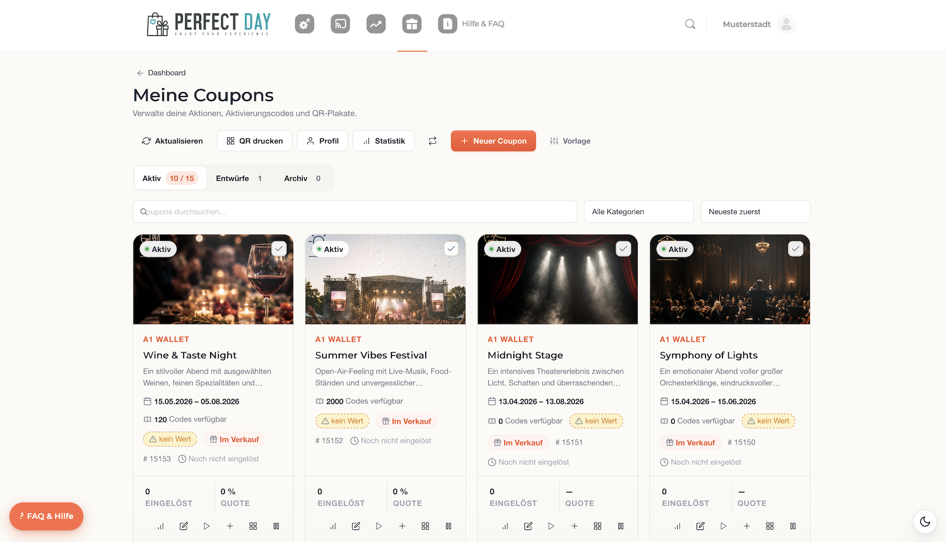 Plattform-Backend „Meine Coupons" mit den Event-Verkäufen — Aktiv-Status, verfügbare Codes und Verkaufsstand pro Veranstaltung