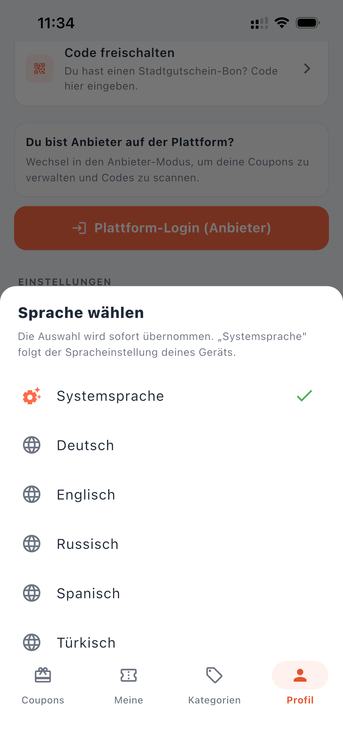 Sprachauswahl in der Perfect-Day-App mit fünf Sprachen