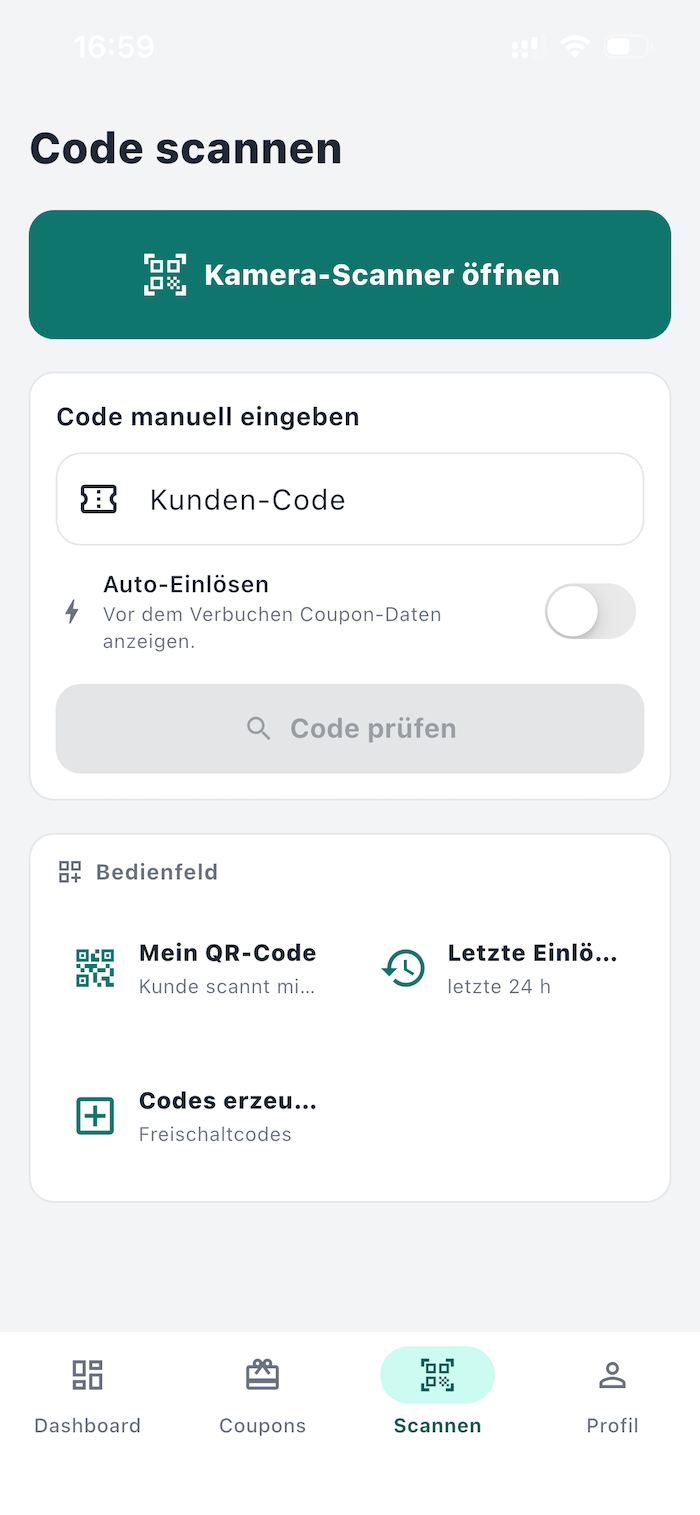 Anbieter-App: QR-Code-Scanner mit Kamera-Button und manueller Code-Eingabe für Einlass-Kontrolle
