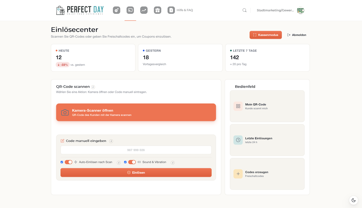 Plattform-Einlösecenter: Live-Statistik der Einlösungen mit Tageszahlen, QR-Scanner und Bedienfeld